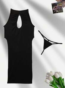 Ning xue yan ying 2入組開背分割設計旗袍套裝，性感蕾絲連體長裙，透視T字褲 - 黑色 - 查看 6