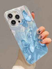 1pc Blue Gradient Sparkling Butterfly Pattern Phone Case