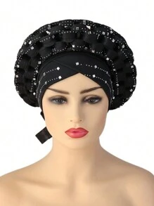 1pc Adjustable Muslim Hijab Auto Gele With Space Braid, Rhinestone Embellished African/ Cap Hair Sleep Cap - Hand-woven Hot Diamond - View 2