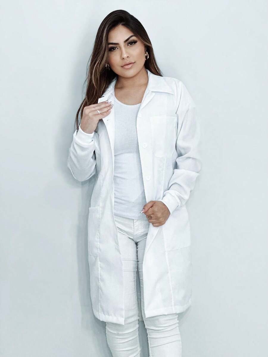Jaleco Avental Oxford Feminino Tradicional Botão Manga Longa Enfermagem Medicina Acinturado Dentista Academico Estudante Saúde SUS