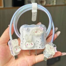 5pcs 3D Cute Cartoon Covers Compatible With Apple 20W Charger, Phone Data Cable, Soft Case, Silver Foil Creamy Gel Cable Protector, Charger Protector