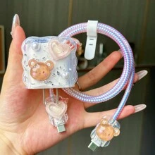 5pcs 3D Cute Cartoon Covers Compatible With Apple 20W Charger, Phone Data Cable, Soft Case, Silver Foil Creamy Gel Cable Protector, Charger Protector