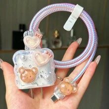 5pcs 3D Cute Cartoon Covers Compatible With Apple 20W Charger, Phone Data Cable, Soft Case, Silver Foil Creamy Gel Cable Protector, Charger Protector