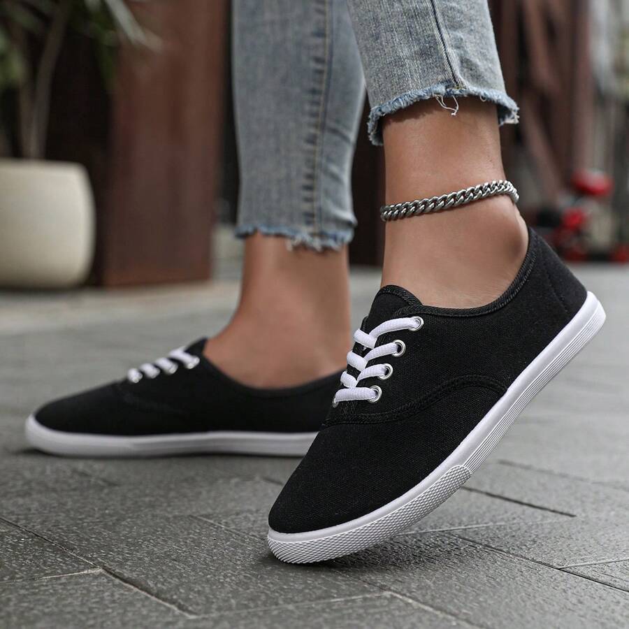 Frauen Leinwand Sportschuhe-Paarschuhe, Atmungsaktive runde Zehe-Schnür-Casual Schuhe, Frühling, Sommer, Herbst, einfarbige Modische Sneakers. Erhältlich in Weiß, Schwarz, Blau, Pink, Schwarz und Weiß, Orange, Grün, Gelb, Beige, Khaki, Dunkelkhaki und Braun.