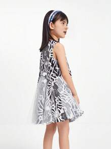 Annil Vestido sin mangas de cuello redondo de algodón puro impreso con una hermosa flor de malla para niña preadolescente, suave y cómodo para el verano