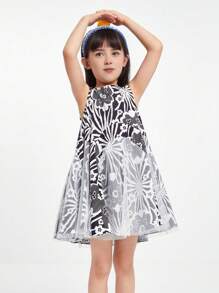 Annil Vestido sin mangas de cuello redondo de algodón puro impreso con una hermosa flor de malla para niña preadolescente, suave y cómodo para el verano