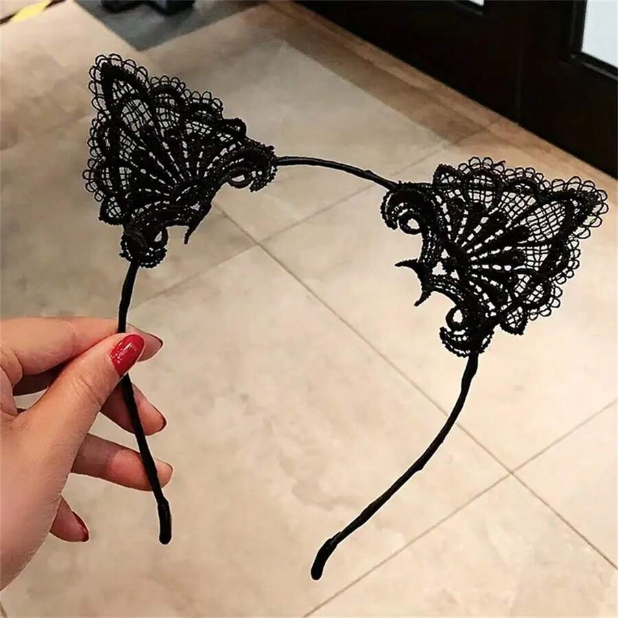 1入組黑色花邊貓耳頭箍，可愛而性感的女士髮箍，適合夜總會派對、角色扮演或舞會等場合，是內衣套裝冠冕的配飾之一 - 黑色 - 查看 1