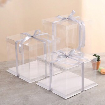 10-Inch Clear Birthday Cake Box, Baking Party Birthday Packaging Box With A 3-Yard Ribbon Included School Supplies Food Bag Food Box Suitable For Candy Chocolate Cookies Etc.