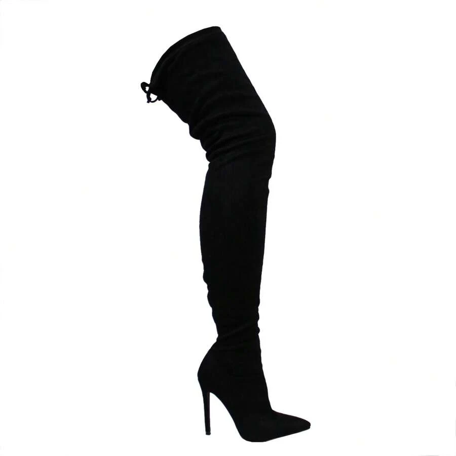 Women's Thigh High Stretchy Suede Material Pointy Toe Stiletto Heel Boots - Black Tall - View 1