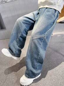 Tween Boy Vintage Streetwear Patchwork Straight Jeans, Casual Loose High Waisted Straight Denim Pants For Tween Boys' - Blue - View 4