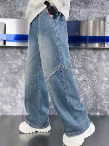 Tween Boy Vintage Streetwear Patchwork Straight Jeans, Casual Loose High Waisted Straight Denim Pants For Tween Boys' - Blue - View 3
