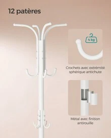 SONGMICS Porte-manteau, Portant à Vêtements avec Porte-parapluie, 12 Crochets, Structure Métallique, Hauteur 175 cm, pour Entrée, Salon, Chambre, Blanc Perle - Blanc - Voir 5