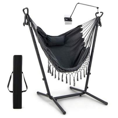 Hammock Chair With Stand, Height Adjustable Hanging Chair With Phone Holder, Pillow & Side Pocket, Macrame Swing Bohemian Style With Tassels For Indoor & Outdoor Use, Max 250 KG