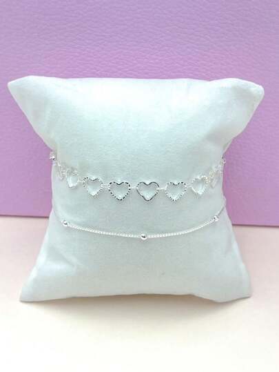 Kit 2 Pulseiras Prata 925 Folheada Coração Conjunto de Pulseira Feminina de Bolinha e Coração