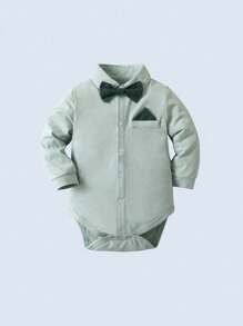 BOARNSEORL 2 件套男婴绅士套装，绿色长袖领结蝴蝶结衬衫和裤子，带帽子，时尚帅气，适合生日派对、家庭晚宴、婚礼、花童西装 - 綠色 - 查看 2