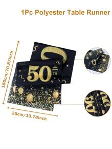 1pc Black Gold Polyester Table Runner, Rhinestone Balloon Pattern Birthday Table Runner For 50th Birthday Party Decor Supplies - Black Gold - View 3