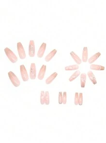 Upgrade Your Look - 24pcs Medium Length Ballet Powder, Sheer & Nude Color Pure Desirable Ins Style Rhinestone Butterfly 3D Crystal Nail Art Stickers With White Tassel & 1pc Jelly Glue & 1pc Grinder Press On Nails Nail Supplies