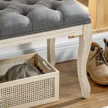HOMCOM Banc Banquette capitonnée Style Classique 110 cm Bout de lit Rembourrée en lin piètement Bois hévéa sculpté Lin Beige - Beige - Voir 9