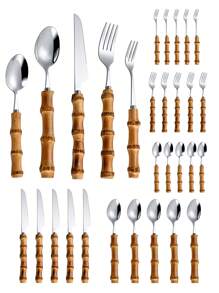 30 件套不锈钢餐具套装，带天然竹柄，学校用品，圣诞礼物 - 銀色 - 查看 1