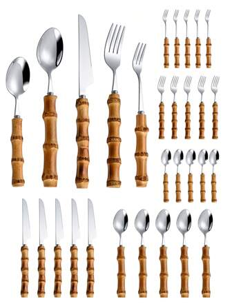 30pcs/Set Stainless Steel Cutlery Set With Natural Bamboo Handles School Supplies,Christmas Gift