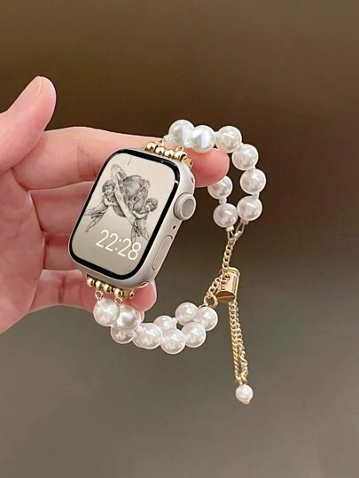 1pc Women's Luxury Extendable Metal Gold-Tone Pearl Chain Watch Band Strap Fits 38/40/41/44/45/49/42/46mm For Apple Watch S11/SE3/Ultra3/Ultra/SE/SE2/10/9/8/7/6/5/4/3/2/1