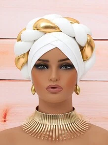 1件歐美風雙層邊波浪針織帽，配金色穗帶，適合女性穿搭時尚優雅 - 拼金色麻花辮 - 查看 10