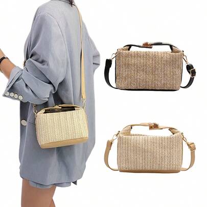 1 Pc Straw Woven Crossbody Bag, Summer Beach Shoulder Bag, Women's Casual Handbag & Purse For Travel