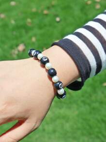 1入男士珠子珍珠手鍊，8mm萬聖節音樂節派對庫巴風格嘻哈珍珠手鍊 - 黑與白 - 查看 10