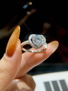 1 chiếc nhẫn đính hôn kim cương Moissanite tinh xảo 1 carat 3 móng hình trái tim màu D dành cho nữ nhẫn cưới trang sức cô dâu trang trí hàng ngày - Bạc - Xem 2