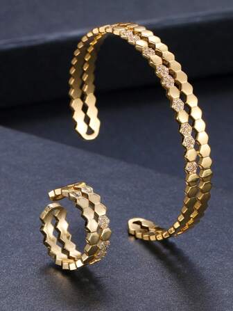 1套時尚蜂巢戒指和手鍊組合，適合女性