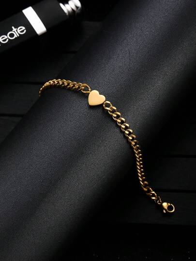 1入組心形手鐲兒童簡約時尚經典金色鍍不銹鋼心形裝飾，鏈式手鐲，適用於派對珠寶禮物，日常佩戴