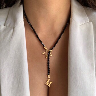 1 pieza Collar con Inicial de acero inoxidable con Estrella y perlas de cristal de moda para mujeres