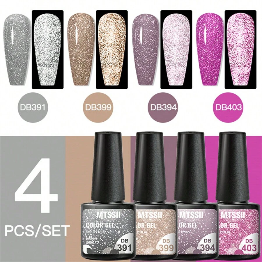 4件套反光亮片凝胶指甲油套装，银色、金色、粉色闪亮亮片指甲油，半永久指甲油，可卸除，UV/LED美甲装饰，美甲DIY沙龙居家美甲，女士美甲礼物