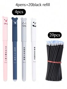 4pcs Pens With 20pcs Refills, Needle Tube, 0.35mm Cartoon Animal Themed Erasable Gel Pen Set