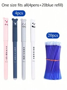 4pcs Pens With 20pcs Refills, Needle Tube, 0.35mm Cartoon Animal Themed Erasable Gel Pen Set
