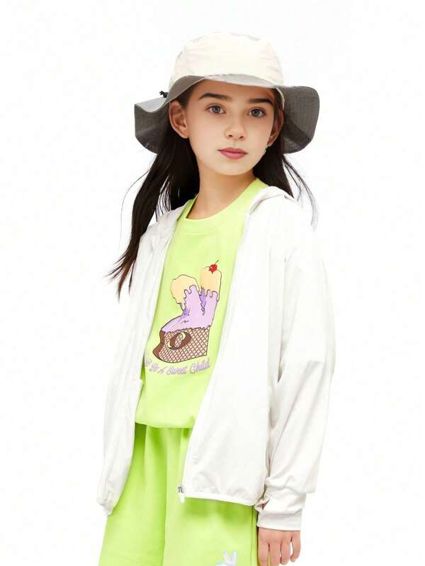 Annil Tween Girl Verão Minimalista Esportes Respirável Protetor Solar Casaco Com Capuz Branco