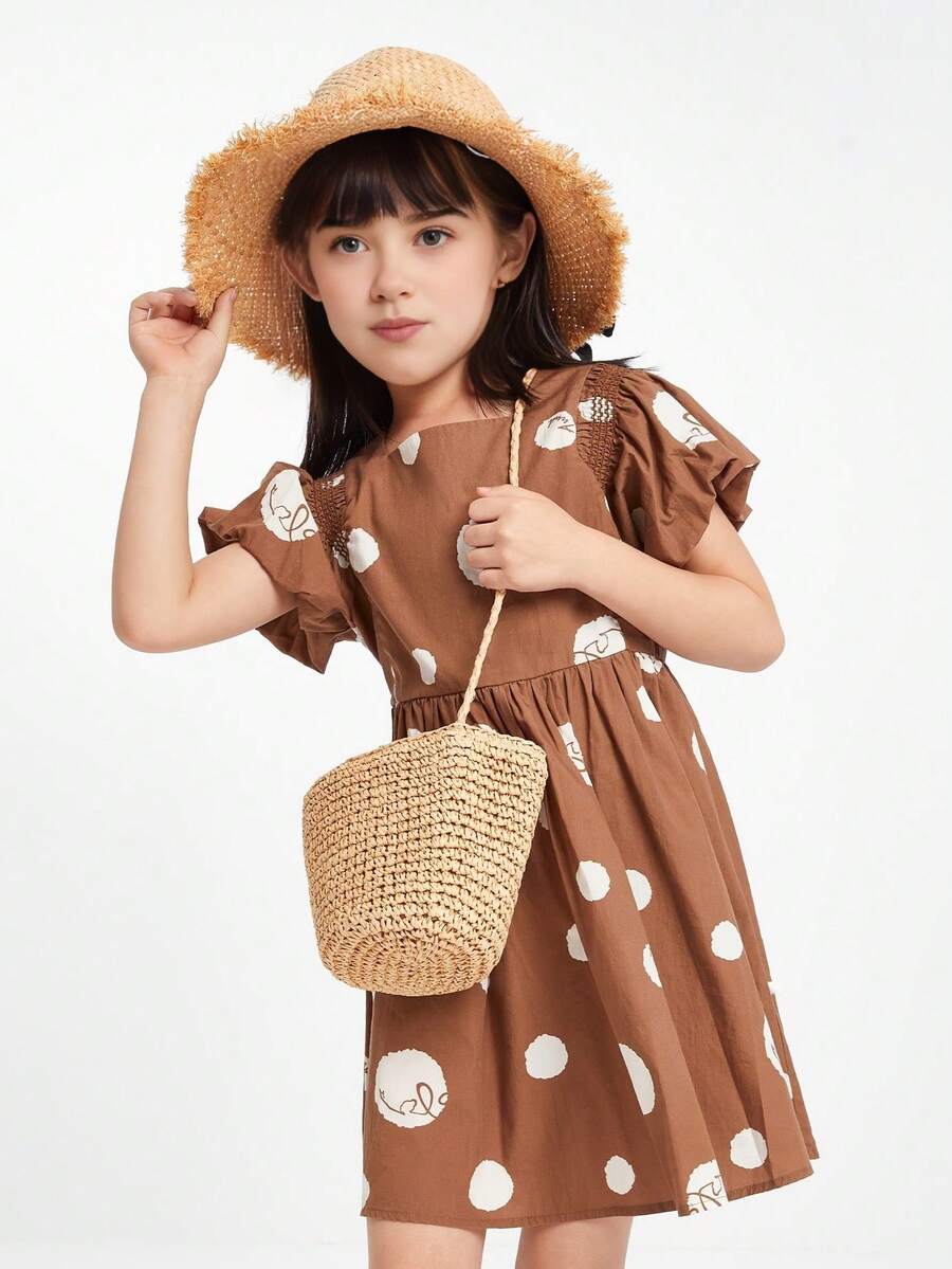 Annil Tween Girl Mùa Hè Ngắn Tay Chấm Bi Đầm Công Chúa Tay Phồng Chữ A Đầm Nâu - Nhiều màu - Xem 1