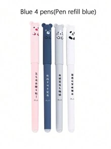4pcs Pens With 20pcs Refills, Needle Tube, 0.35mm Cartoon Animal Themed Erasable Gel Pen Set