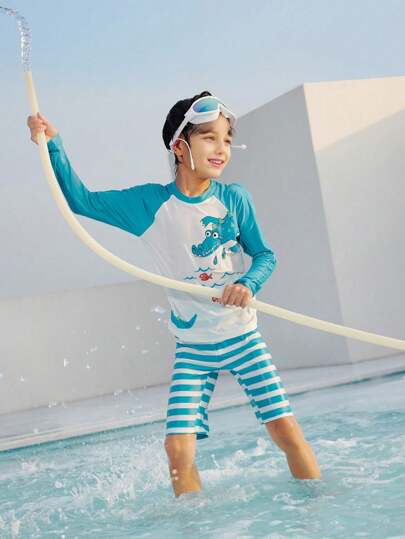 Annil Anni Boys And Girls Summer Split-Type Swimwear Snorkeling And Beach Vacation Kids Swimsuit With Swimming Cap 3-Piece Set Light Blue