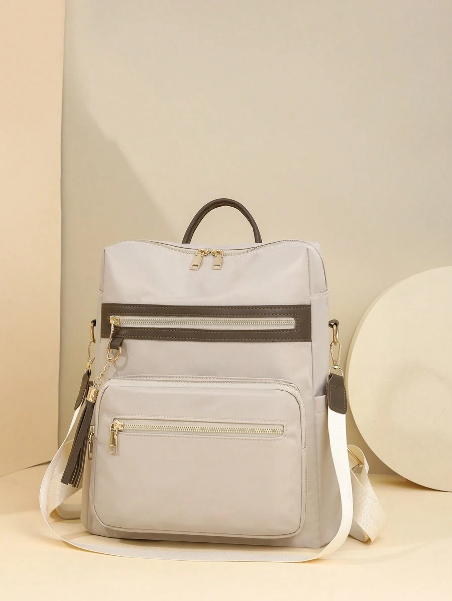 ZMBAG Women's Designer Fringe Zipper Square Backpack, Simple Flap Backpack With Large Capacity, College Student Backpack - Beige - View 1