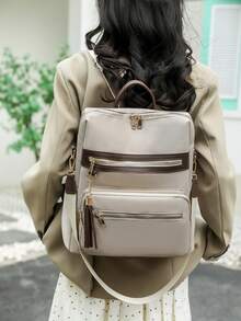 ZMBAG Women's Designer Fringe Zipper Square Backpack, Simple Flap Backpack With Large Capacity, College Student Backpack - Beige - View 4