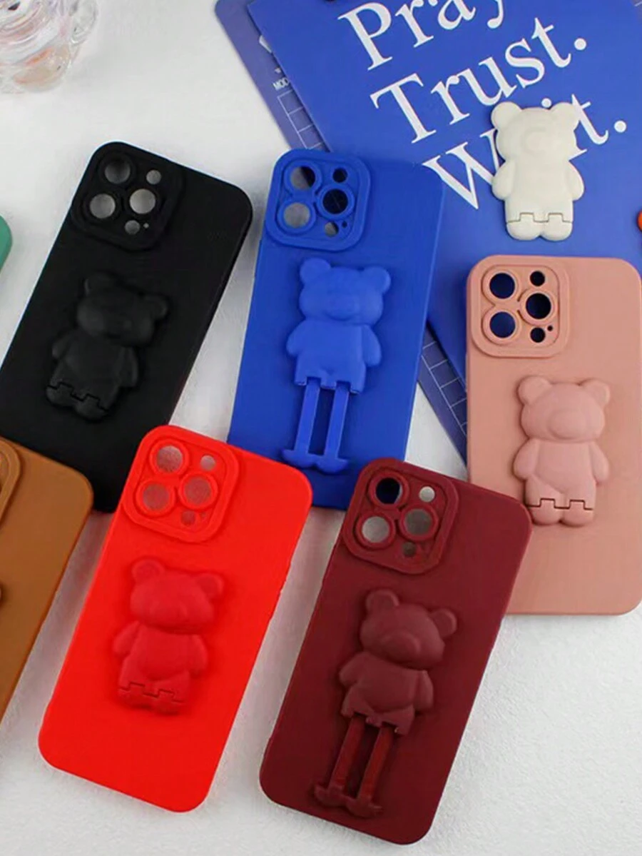 1入實色天使眼創意熊支架防墜防塵防滑手機殼，適用於11/12/13/14/15Pro Max - 藍色 - 查看 1