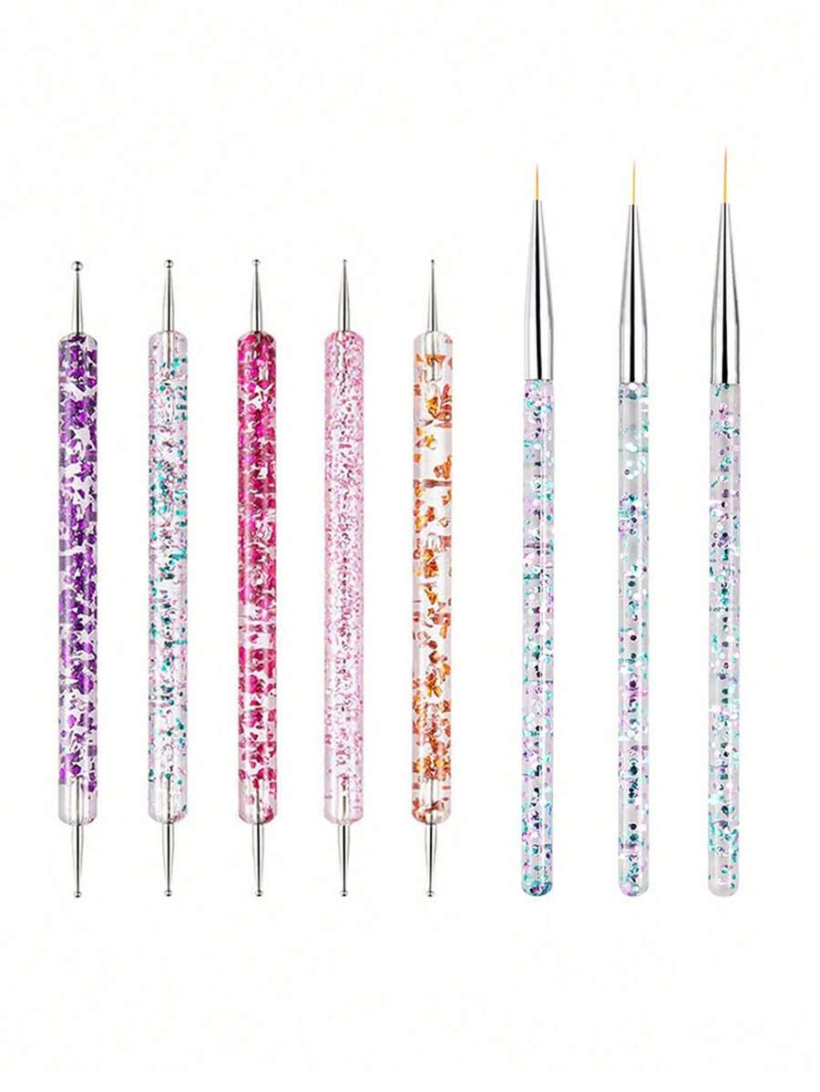 8pcs Nail Art Brush Set, Including UV Gel Brush, Striping Brush, Silicone Brush, Dotting Pen, Crystal Rhinestone Pen, Manicure Tool - Silver - View 1