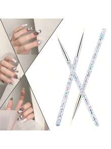 8pcs Nail Art Brush Set, Including UV Gel Brush, Striping Brush, Silicone Brush, Dotting Pen, Crystal Rhinestone Pen, Manicure Tool - Silver - View 2