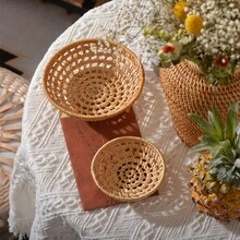 1 canasta tejida de ratán, soporte de toallas de estilo coreano, plato de golosinas y nueces, almacenamiento de pastel de frutas, accesorios para fotografía, almacenamiento y organización en el hogar para cocina, baño, dormitorio, sala de estar, oficina y escritorio - Camel - Ver 6