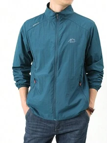 1pc Men's Sun Protection Clothing Solid Lightweight Jacket, Summer, Zipper Pocket, Stand Collar Fishing - Blue - View 6