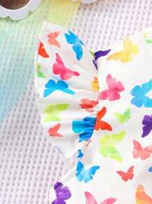 年輕女孩蕾絲蝴蝶印花網紗對比短袖裙，配蝴蝶結，可愛風格 - 白色 - 查看 4