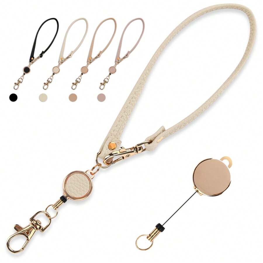 1Pc Retractable Short Hanging Rope Anti-Loss Casual Keychain, Suitable For Outdoor Use, Minimalist Fashion Women'S Bag Pendant, Bag Accessories, Card Package Accessories Teacher Lanyards - Beige - View 1