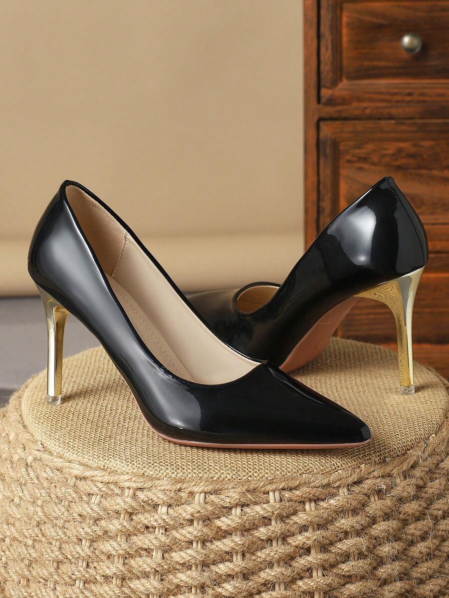 Women's Comfortable Pointed Toe Pumps, Apricot, Navy Blue, 9cm Thin Heel, Fashionable Casual, Travel, Street, Outdoor, Brown Retro Vibe, High-End, Multi-Color, Versatile, Covered Heel, Black Flats - Black - View 1