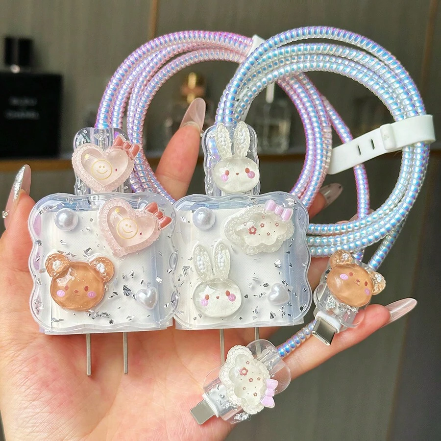 5pcs 3D Cute Cartoon Covers Compatible With Apple 20W Charger, Phone Data Cable, Soft Case, Silver Foil Creamy Gel Cable Protector, Charger Protector